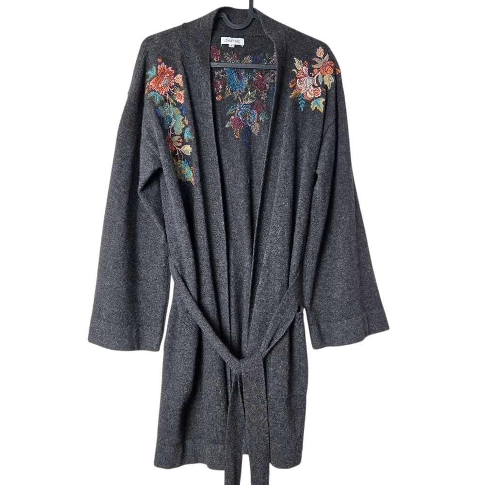 Johnny Was Charcoal Gray Cashmere Embroidered Belted Cardigan Sweater Pockets